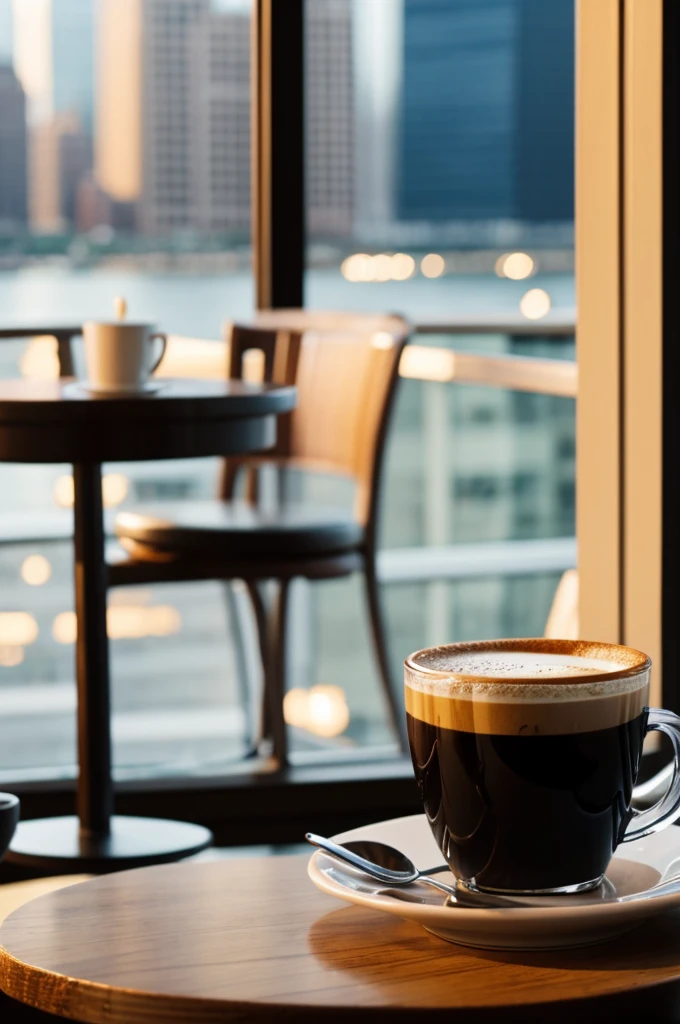 Cup of coffee with background of a new york restaurant