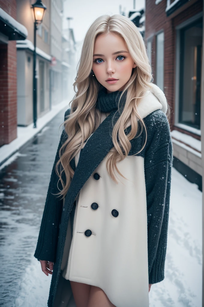 professional photography of a beautiful norwegian girl in winter clothes with long wavy blonde hair, sensual and seductive look, beautiful symmetrical face, beautiful natural makeup, wearing chic warm winter fashion clothing, ((standing outside on the snowy city street)), impressive modern urban environment, ultra realistic, conceptual artwork, chic, highy detailed, intricate, sharp focus, Depth of field, f/1. 8, 85 mm, medium shot, mid shot, (((professional color grading))), soft and bright diffused light, (Volumetric fog), Trends on Instagram, HD 4k, 8K