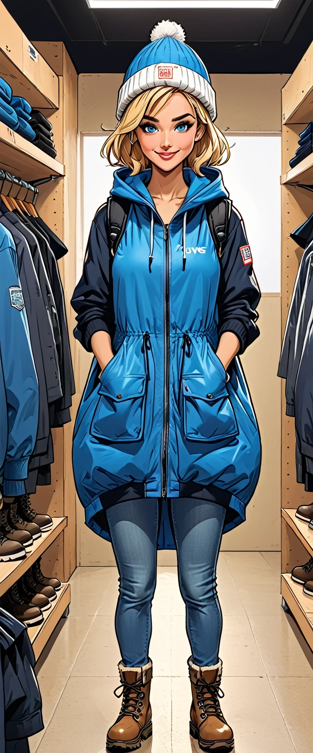 ((white changing room in the store)), smile, cloth store,fullbody, girl in Blue oversized hoodie and levis (jeans) and gloves and hiking boots and 
winter synthetic vest and winter pants and winter hat in a dynamic pose, adult, [Nordic], Hourglass elongated fitness body, perfect Olive skin, Oval Face, Long neck, Rounded shoulders, perfect hand, Attached Pointed ears, round forehead, (Short blonde Waves pixie hair), snub nose, Arched eyebrows, ((Monolid blue Eyes)), High Round Narrow cheekbones, Dimpled Cheeks, Rounded Chin, Rounded Jawline, Full nude Lips, (blue eyes), Nude Makeup Look, long eyelashes, third breast size, ong slim fitness legs, graphic style of novel comics, perfect hands, 2d, 8k, hyperrealism, masterpiece, high resolution, best quality, ultra-detailed, super realistic, Hyperrealistic art, high-quality, ultra high res, highest detailed, lot of details, Extremely high-resolution details, incredibly lifelike, colourful, soft cinematic light,