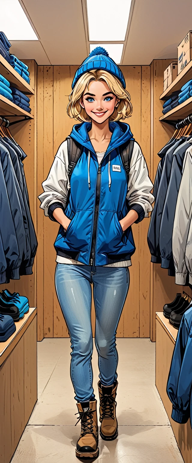 ((white changing room in the store)), smile, cloth store,fullbody, girl in Blue oversized hoodie and levis (jeans) and gloves and hiking boots and 
winter synthetic vest and winter pants and winter hat in a dynamic pose, adult, [Nordic], Hourglass elongated fitness body, perfect Olive skin, Oval Face, Long neck, Rounded shoulders, perfect hand, Attached Pointed ears, round forehead, (Short blonde Waves pixie hair), snub nose, Arched eyebrows, ((Monolid blue Eyes)), High Round Narrow cheekbones, Dimpled Cheeks, Rounded Chin, Rounded Jawline, Full nude Lips, (blue eyes), Nude Makeup Look, long eyelashes, third breast size, ong slim fitness legs, graphic style of novel comics, perfect hands, 2d, 8k, hyperrealism, masterpiece, high resolution, best quality, ultra-detailed, super realistic, Hyperrealistic art, high-quality, ultra high res, highest detailed, lot of details, Extremely high-resolution details, incredibly lifelike, colourful, soft cinematic light,
