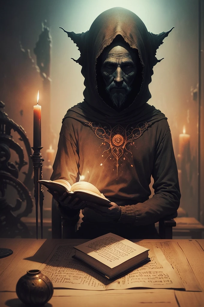 there is a man sitting at a table with a book and a candle, other worlds, other stuff, album art, with inspiration from beksinski, otherworldly visuals, otherworldly, other dimensions, ( ( dither ) ), reddit meme, very coherent image, wondering about others, audobon and beksinski, 🎨🖌, ethereal and otherworldly