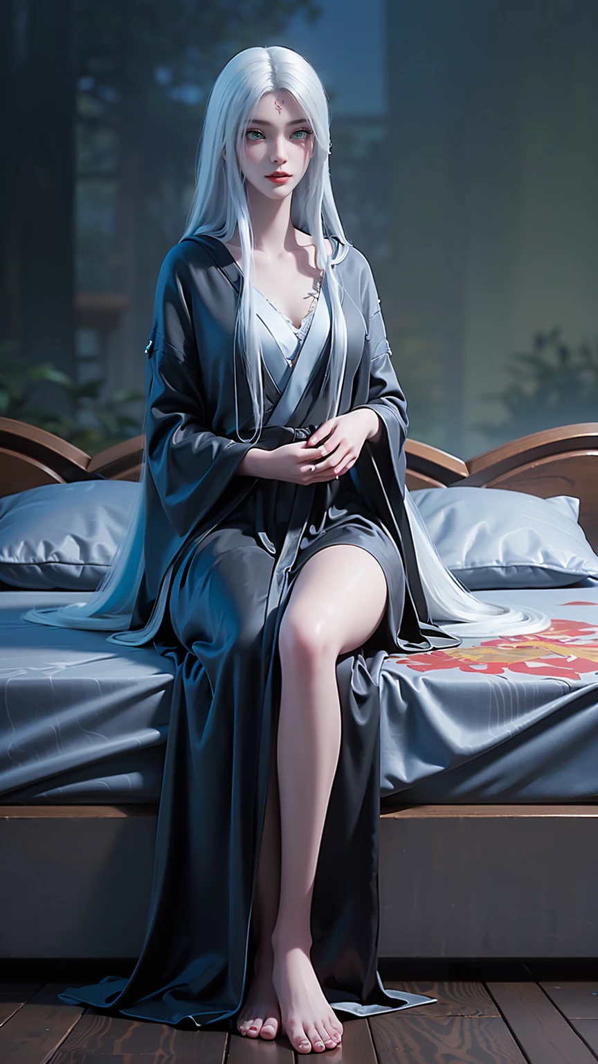 
a beautiful young woman with long hair, wearing a nightgown, sitting on a bed, barefoot, in a dress, lying on her side, cross-legged, full body shot, (best quality,4K,8K,highres,masterpiece:1.2),ultra-detailed,(realistic,photorealistic,photo-realistic:1.37),beautiful detailed eyes,beautiful detailed lips,extremely detailed eyes and face,longeyelashes,natural lighting,warm tones,soft focus,portraits,clair obscur,depth of field，(((White long hair)))，(((Green eyes))，((Black robe))，((Place one hand on your chest))