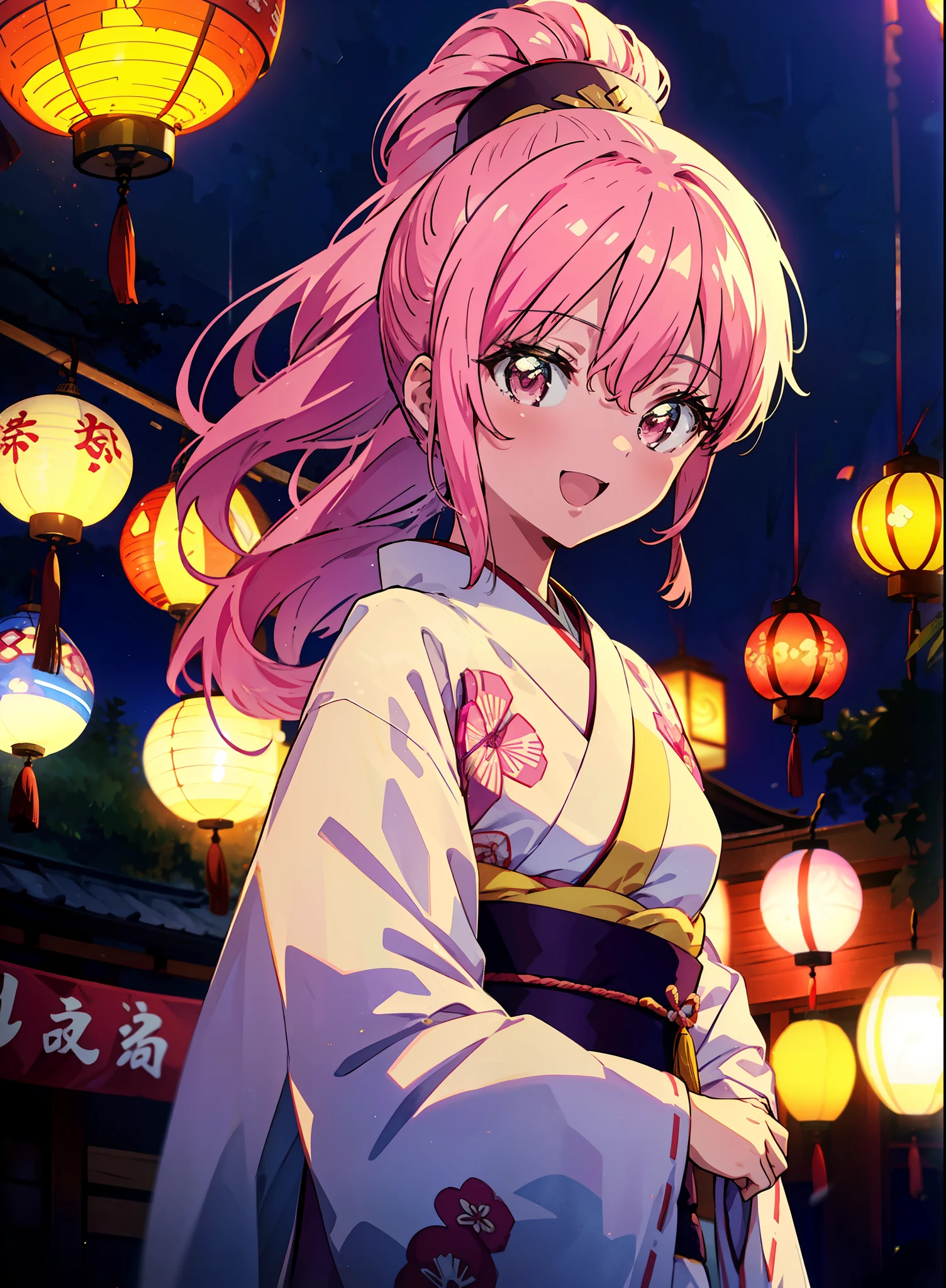 Louise Françoise Le Brun from La V全てiere,Pink Hair,Pink Eyes,Long Hair,ponytail,hair ornaments,happy smile, smile, Open your mouth,White Kimono,Thick sleeves,日本のfestival,夏festivalの屋台,Red Lantern,night,night空のfirework,firework,場所はfirework大会,時間はnightです,sunny day,turn around,まるでwhole bodyがイラストの中にいるかのように,walking,　　　　　　　　　　　　　　　  　　　　　break looking at viewer, whole body, (Cowboy Shot:1. 5),  　　　　　
break outdoors, festival,shrine,
break (masterpiece:1.2), Highest quality, High resolution, unity 8k wallpaper, (shape:0.8), (Beautiful attention to detail:1.6), Highly detailed face, Perfect lighting, Extremely detailed CG, (Perfect hands, Perfect Anatomy),