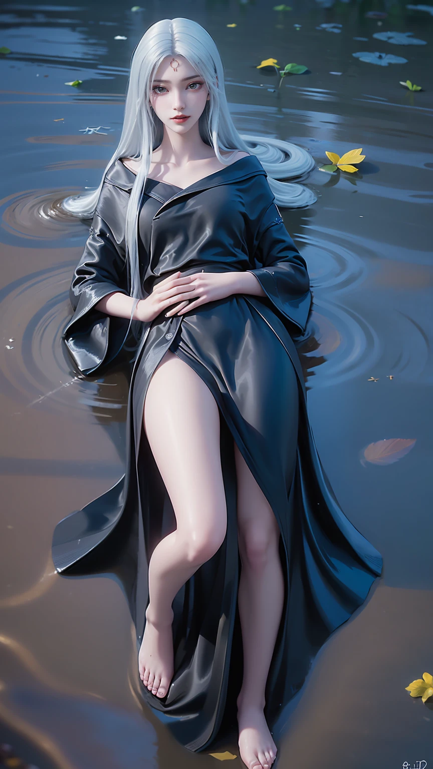 A girl lying on the bed under the stars, delicate smile, beautiful delicate eyes, beautiful delicate lips, extremely delicate face and eyes, long eyelashes, sexy body, flowing hair, best picture quality, famous works, ultra high resolution, (realistic :1.4), RAW photos, (Beautiful face :1.2), (Lying on the water :1.5), 1 girl, (surreal), (8K), (4K), physical rendering, starry sky, ((full body shot)), barefoot, cross-legged, wearing a dress, long skirt，(((White long hair)))，(((Green eyes))，((Black robe))，((Place one hand on your chest))