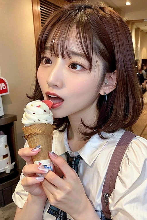 1girl, solo, open mouth, brown short hair,white shirt, holding, jewelry, earrings, food, indoors, plaid, eating, holding food, realistic, ice cream, ice cream cone
