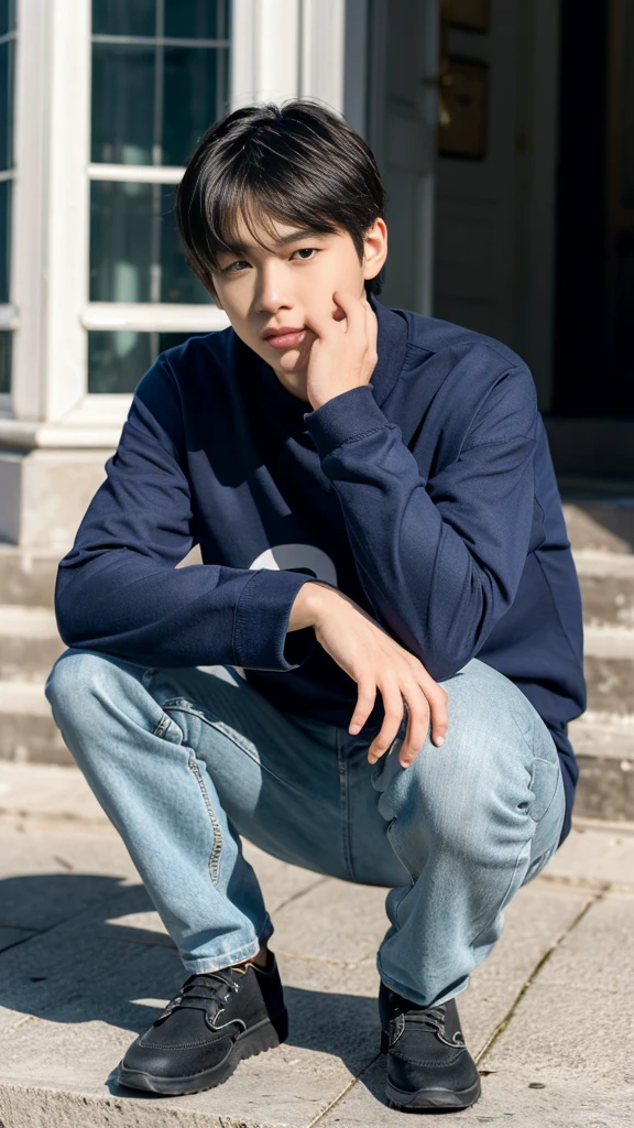 People are also generated vertically.。Create a highly detailed image of a mysterious and thoughtful young man crouching。The character has spiky black hair、Big expressive eyes and bears、And has pale skin。He is wearing a loose fitting white long sleeve shirt and dark blue jeans。The pose is unique、One hand to the mouth、The other hand is on the ground for balance.、I'm barefoot。The background is minimalist white.、Emphasize your character's unique look and thoughtfulness。The lighting is soft.、Highlights the character's pensive expression and unique posture。The background is a bit horror。