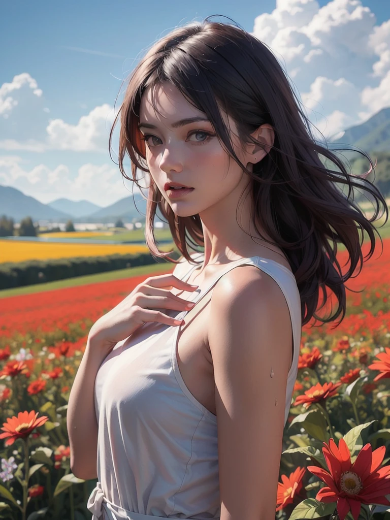 ((photorealistic:1.4)), finely detail, full-body shot, detailed full body features, ((1 girl)), ((solo)), naked girl with small breasts grabbing her breasts while lying down in a field of flowers. girl has short black hair in a ponytail and red eyes. slim body, sweating, smiling. afternoon sunset in the background. , sex, sexy, erotic pose, sexy pose, sex position. (small breasts 1.6)