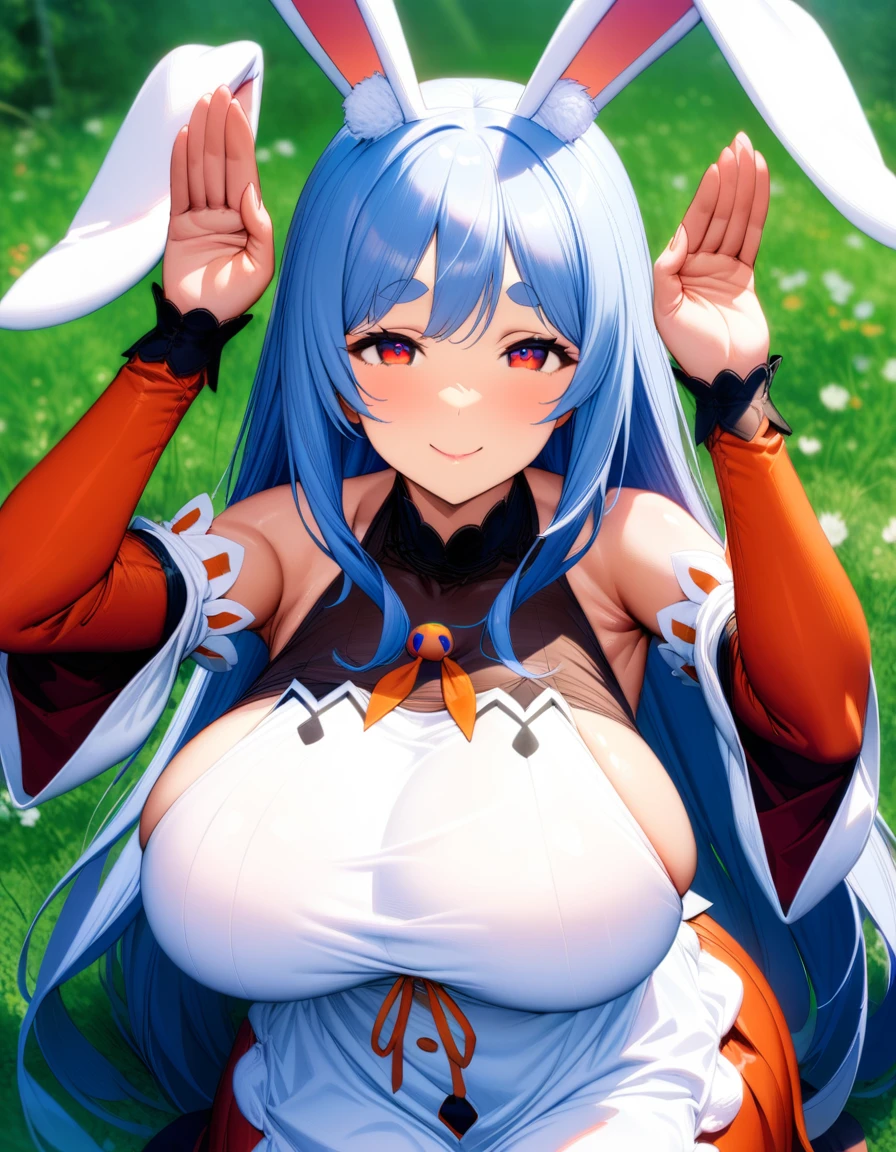 One girl, Pekomama, Long Hair, smile, Mature Woman,  Red eyes, Bare shoulders, dress, Removable sleeves, Hair that falls over the shoulders, Cowboy Shot, View your viewers,  Outdoor, On the grass, Rabbit Pose,  (Very aesthetic, Highest quality, Super detailed), Intricate details,Huge breasts、View Penis