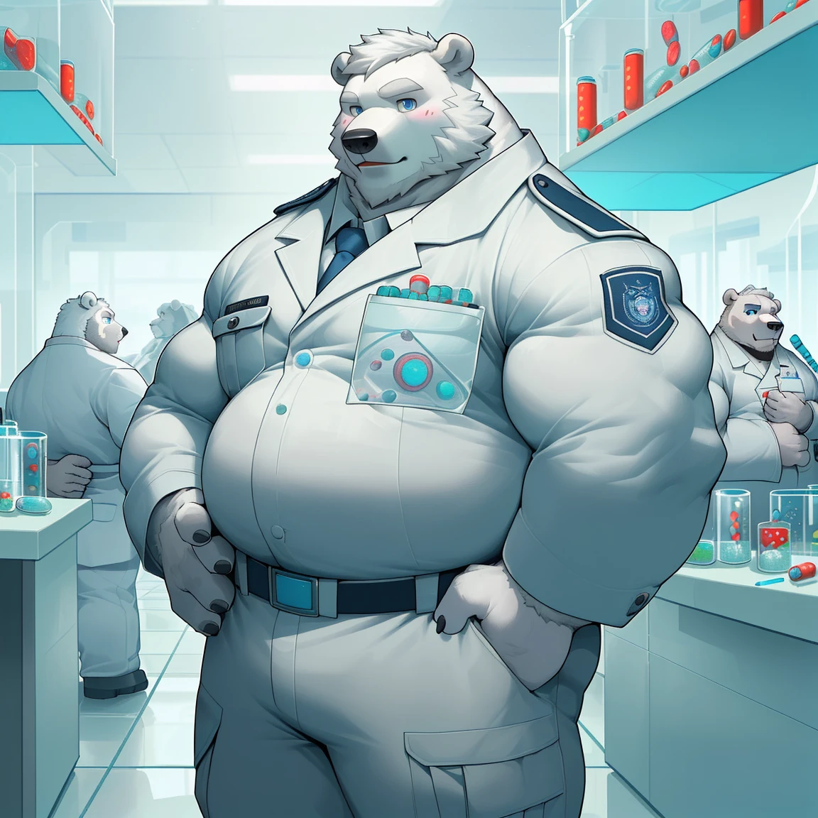 masterpiece, best quality, 8k resolution, Very detailed, hairy,(((polar bear)),(((Mature))),(((beard))),(((fat))),(((White hair all over body))),(((portrait))),(((White hair))),(((Standing))),(((uniform))),(((Blue Eyes))),(((Left hand on waist))),Highest quality scene,(((Hip bulge))),(((Pills in right hand))),(((Fat-enclosed muscle))),(((Round face))),(((laboratory))),(((Experiment))),((()))