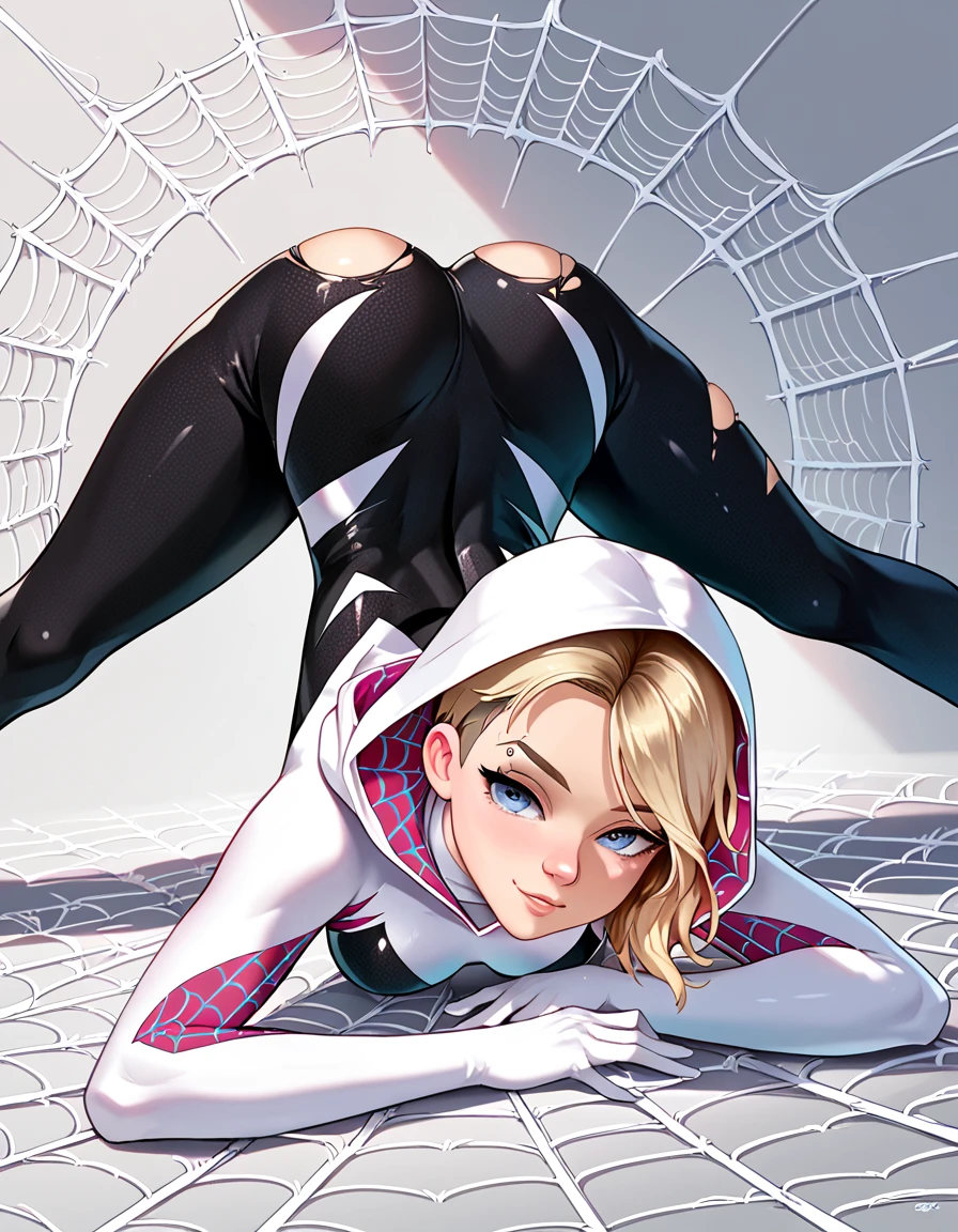 anime_source, (masterpiece), best quality, expressive eyes, perfect face, score_9, score_8_up, score_7_up, 1girl, blonde hair, blue eyes, bodysuit, jack o pose, top down bottom up, breasts, medium breasts, silk, solo, spider web, torn clothes, spider gwen, gwen stacy