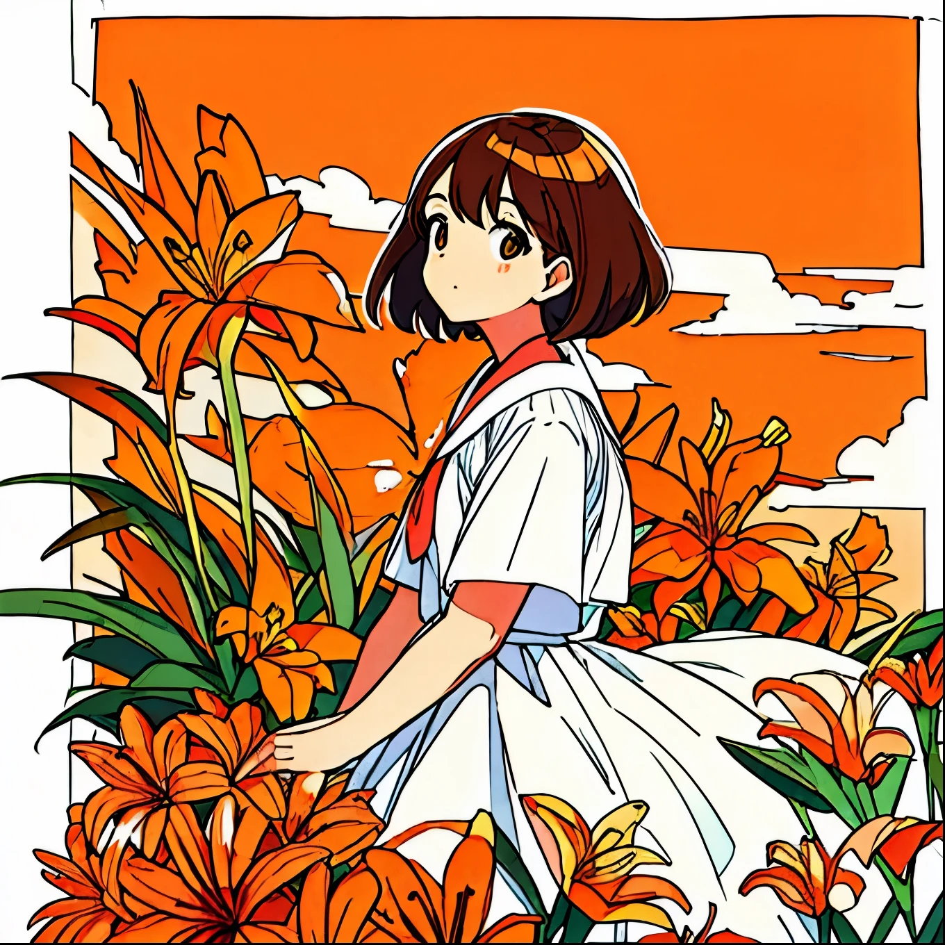 Orange plain background, lily flower, girl in white dress, brown hair, summer, nostalgic, simple