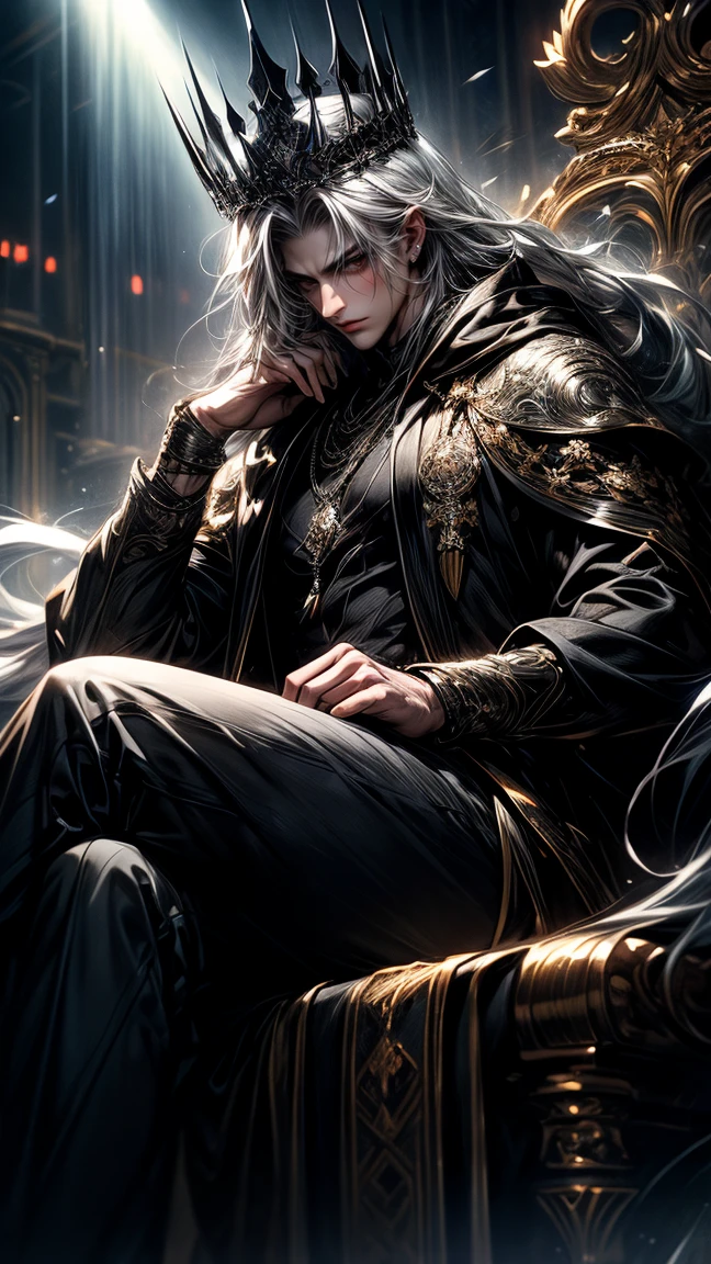 Masterpiece, best quality, high resolution, highly detailed, male, 1 man ( early twenties ), Good looking face, jet black long flowing hair ( light in the hair), slit shaped grey eyes ( glowing eyes ) pay attention to the slit grey eyes, serious expression ( cold look ), pale white skin, wearing a grey hoodie, and black pants, black watch, surrounded by the splendors of the earth, hairy physique, toned physique, wearing a crown made of grey diamonds, and sitting on a grey colored throne, pay attention to stunning details, and achieve a resolution of 128k, floating in a dynamic pose, high quality, with a majestic aura of authority.