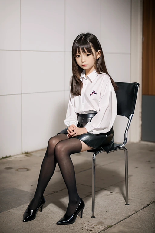 a beautiful japanese girl, ************ girl, Sitting in a chair, 8k, super detail, best quality, (photorealistic:1.4), (no expression:1.4), satin shirts, Leather skirt, black pantyhose, (full body:1.5), (very long hair), 1 girl, solo, simply background, Inside an empty concrete studio, first-person view