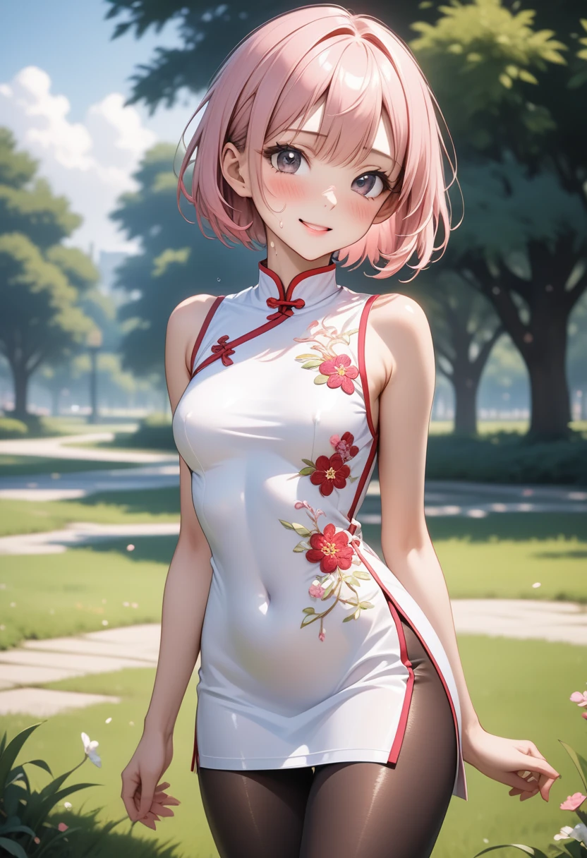 ((A Chinese dress with flashy embroidery)), Metallic Outfit, (The hem of the costume is long), (Black pantyhose), skinny, solo, 1 woman, Masterpiece, highest quality, highest quality, 16K, incredibly absurd, highly detailed, 2.5D, ai-generated, delicate and dynamic, very delicate facial expressions, delicate eye depiction, erotic, only sexy woman, ((A cute and kind face)), healthy figure, ((25-year-old woman)), 160cm tall, medium firm swaying bust, (short hair), (pink hair:1.5), bob cut, black eye, blush, Sweat,Embarrassed,sexy, ((thin thighs)), (camel toe:0.8), (Erect nipples:0.9), (visible nipples:0.7), ((shiny and lustrous)), facing straight at viewer, smile, (standing), cowboy shot, ((arm at side)), Large park, daytime, bright, on the grass,