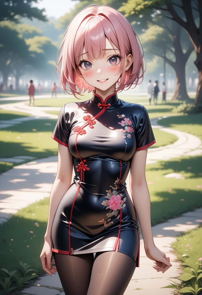 ((A Chinese dress with flashy embroidery)), Metallic Outfit, (The hem of the costume is long), (Black pantyhose), skinny, solo, 1 woman, Masterpiece, highest quality, highest quality, 16K, incredibly absurd, highly detailed, 2.5D, ai-generated, delicate and dynamic, very delicate facial expressions, delicate eye depiction, erotic, only sexy woman, ((A cute and kind face)), healthy figure, ((25-year-old woman)), 160cm tall, medium firm swaying bust, (short hair), (pink hair:1.5), bob cut, black eye, blush, Sweat,Embarrassed,sexy, ((thin thighs)), (camel toe:0.8), (Erect nipples:0.9), (visible nipples:0.7), ((shiny and lustrous)), facing straight at viewer, smile, (standing), cowboy shot, ((arm at side)), Large park, daytime, bright, on the grass,