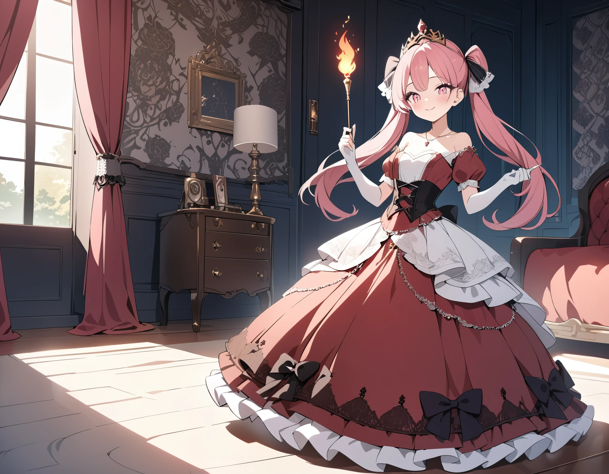 (best quality,4k,8k,highres,masterpiece:1.2),ultra-detailed, steampunk settings, Pretty 15 years old princess, drawn in anime style, she’s cute and joyful, smiling, long red pigtails hair, pink eyes, small breast, lipstick, makeup, pink eyeshadow, long eyelashes, dainty and delicate body, red princess gown with puffy sleeves, physically-based rendering,gorgeous dress design,flowing gown,elaborate lace details,rich textures,contrast stitching,delicate ribbon bows,floral accents,long maxi skirt,short sleeves,fitted waistline,lace-up back,luxurious fabrics,flawless silhouette, petticoat, bustle, corset, hair ribbons, white elbow gloves, ruby earrings and necklace, gold tiara, high heels, holding a magic fire wand, standing in princess bedroom with lacy curtains and red floral wallpaper.