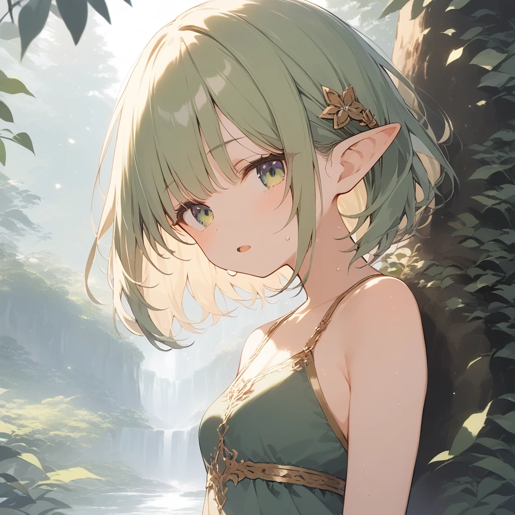 score_9, score_8_up, score_7_up, source_anime, best quality, masterpiece, official art, absurdres, highres, ultra-detailed,waifu2x,Collection: Slice of Life,break,1girl, elf, short hair, slender, androgynous,expressionless, small breasts, beautiful detailed eyes, green shorts, sweat, open mouth, sleepily, outdoors, forest, spring,break,(clear line illustration:1.2), super detailed skin,very high resolution, very aesthetic, Best sexual lighting powered by famous artist, 8k,cute picture,beauty illustration,photoshop_(medium),,(Detailed Lighting),best anime 8k konachan wallpaper, pixiv contest winner,