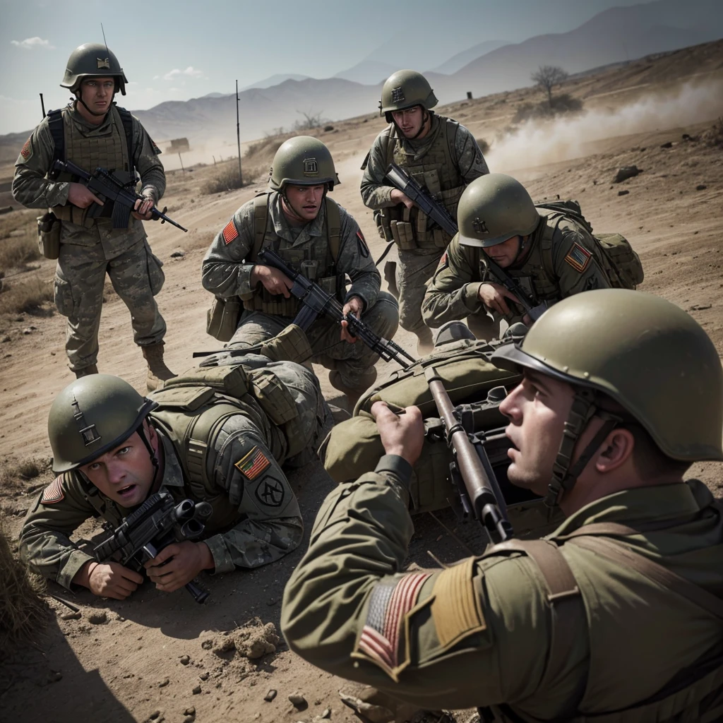 A squad of American soldiers in World War II combat gear, heavily detailed uniforms, helmets, weapons, intense expression, on-field action pose, realistic lighting, cinematic composition, gritty and grungy military aesthetic, muted color palette, dramatic shadows, dust and debris, (best quality,4k,8k,highres,masterpiece:1.2),ultra-detailed,(realistic,photorealistic,photo-realistic:1.37),military history,wartime,combat,documentary style