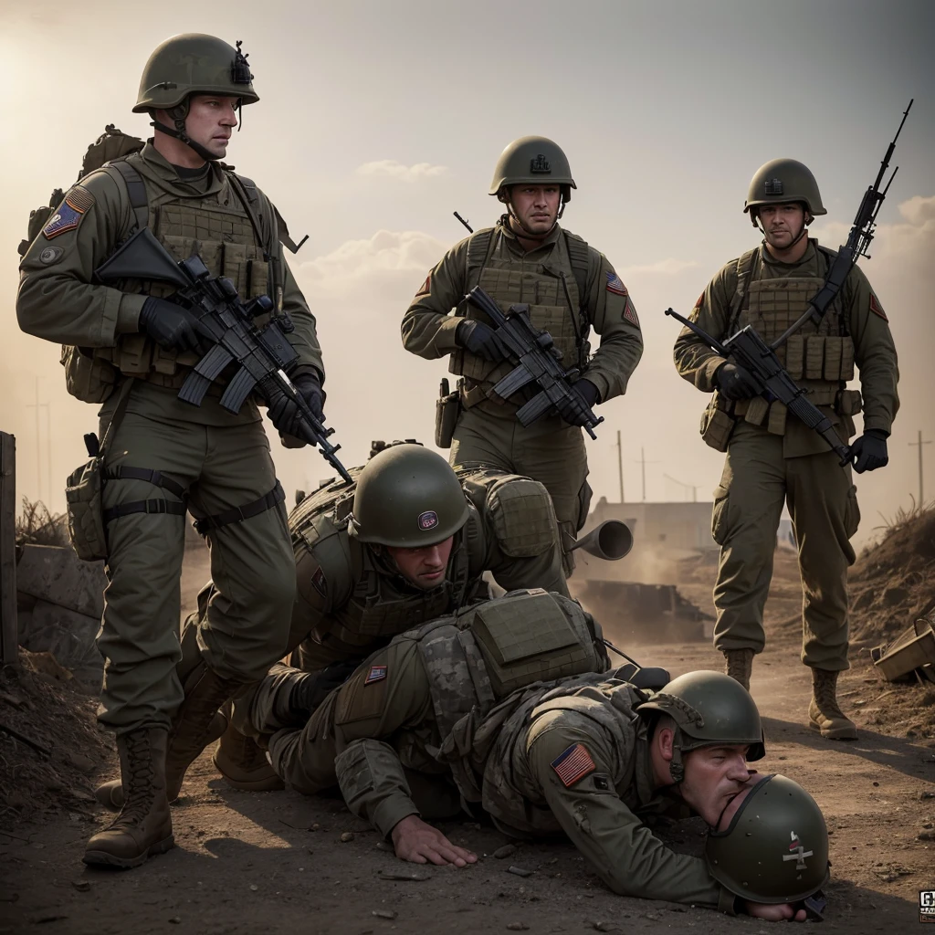 british soldiers celebrating  victory together