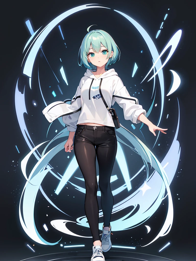 Masterpiece,High quality,(Full body 1.2),Animated standing portrait, black half pants and white hoodie,(green hair 1.4),Anime girl with short green hair and green eyes,(detailed eyes 1.6),(clear eyes 1.4),(beautiful eyes 1.4),(shining eyes 1.4),White cyan, green hair, detailed Key Animated Art, Animated Portrait, shining eyes, girl with blue hair, light blue hair, black half pants, white stockings, thighs, 4K