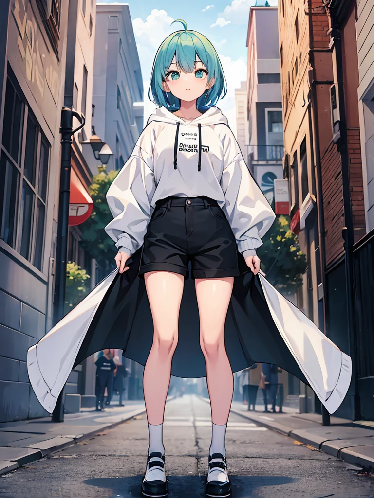 Masterpiece,High quality,(Full body 1.2),Animated standing portrait, black half pants and white hoodie,(green hair 1.4),Anime girl with short green hair and green eyes,(detailed eyes 1.6),(clear eyes 1.4),(beautiful eyes 1.4),(shining eyes 1.4),White cyan, green hair, detailed Key Animated Art, Animated Portrait, shining eyes, girl with blue hair, light blue hair, black half pants, white stockings, thighs, 4K