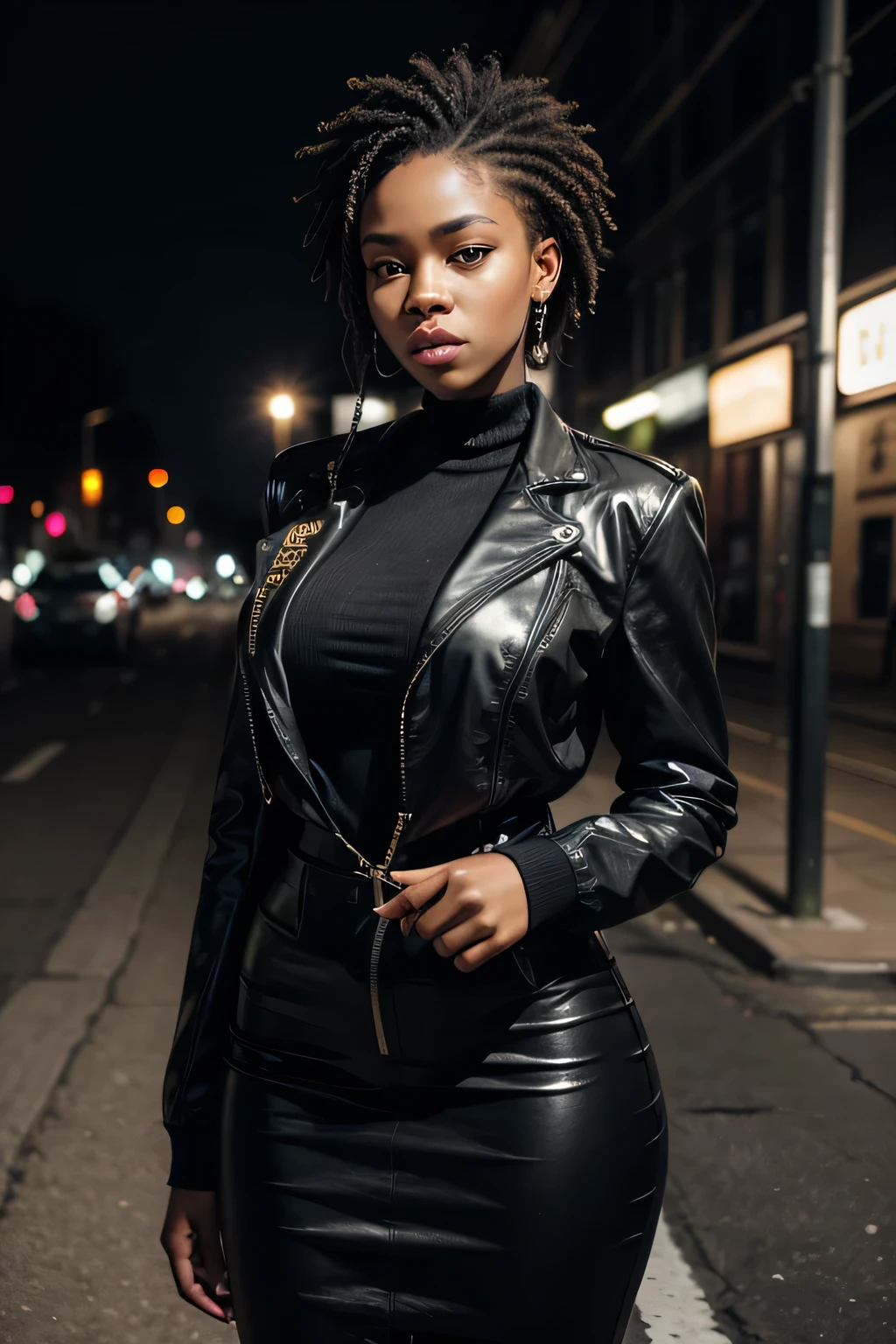 Digital portrait of a BLACK WOMAN with imposing posture dressed in formal "streetwear", "gangster", "rapping", "Urban", "underground" without showing your hands