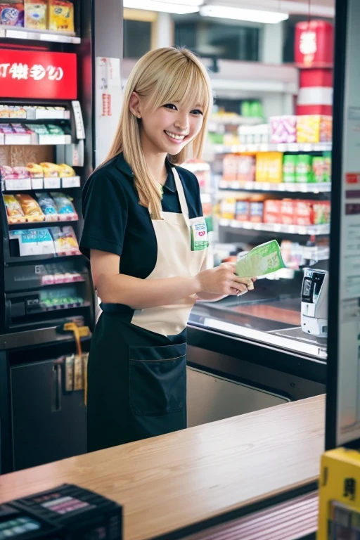 Convenience store clerk、apron、Barcode scan in hand