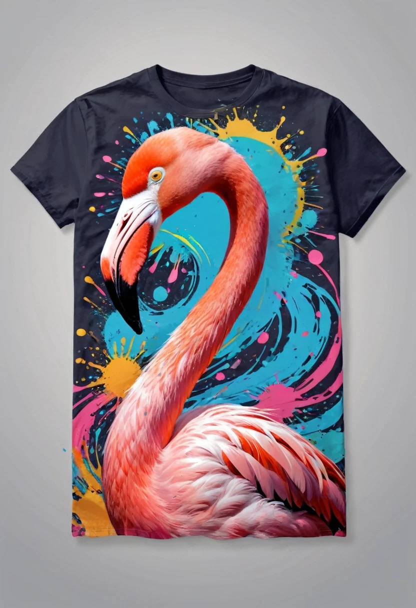 A t-shirt with vector art of a colorful illustration of a flamingo , At the center, swirly vibrant colors, paint splashes and smears, high détail, t-shirt designs
(artwork, best quality, proffesional, perfect composition, very aesthetic, absurdrez, super verbose, Intricate details:1.3)