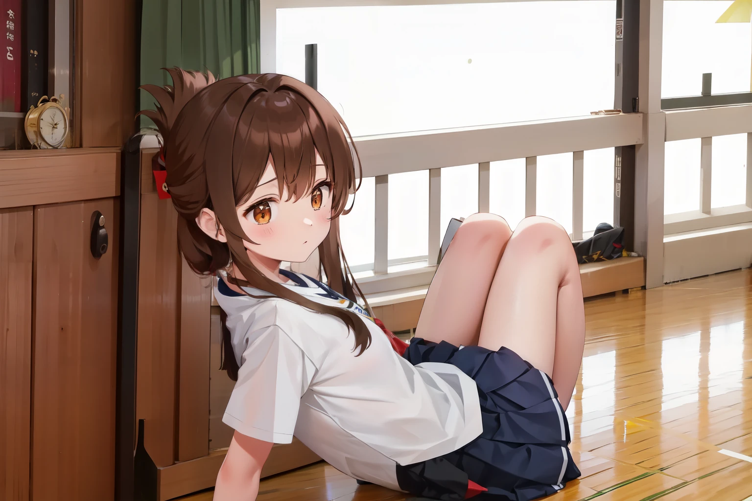 A female student in a sailor uniform sitting on the floor of the gymnasium and watching a physical education class because she feels unwell,(masterpiece, best quality:1.2),illustration,8K,HD,1girl,独奏,upper body,(portrait:1.2),brown_hair,folded_ponytail,brown_eyes,serafuku,long_hair,school_uniform,skirt,pleated_skirt,