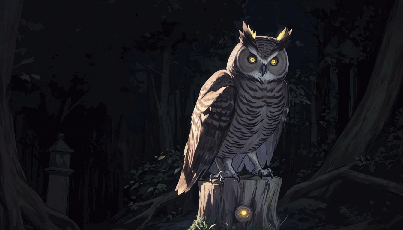 there is a large owl sitting on a tree stump in the dark, glowing owl, owl, nite - owl, an owl, with glowing yellow eyes, radiant owl, hyperrealistic robot owl, photo taken at night, large glowing eyes, staring, proud look, the wisest of all owls, mixture between an! owl and wolf, night, looking to his left