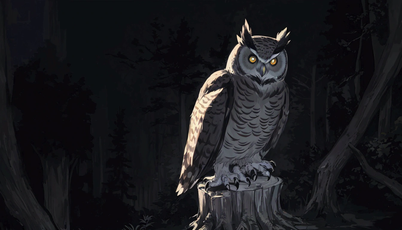 there is a large owl sitting on a tree stump in the dark, glowing owl, owl, nite - owl, an owl, with glowing yellow eyes, radiant owl, hyperrealistic robot owl, photo taken at night, large glowing eyes, staring, proud look, the wisest of all owls, mixture between an! owl and wolf, night, looking to his left