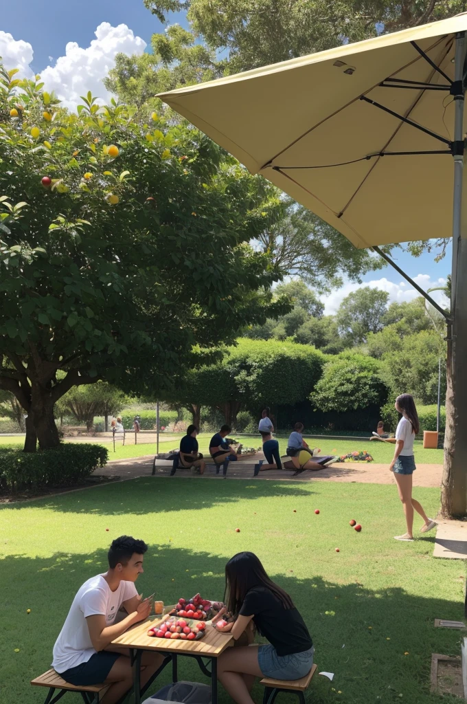 Small Brazilian fruit orchard at a university with students studying at tables and others lying on the grass eating fruit, next door is a snooker room with students having fun during class breaks.