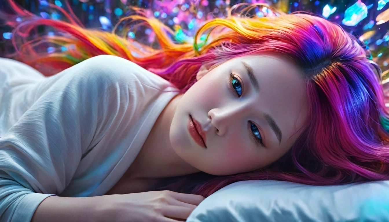 {{masterpiece}}, best quality, Extremely detailed CG unified 8k wallpaper, Movie Lighting,Futurism， A woman sleeping in bed，Sleep with eyes closed，Huge window behind， A quiet night. , Multi-colored hair, (Colorful hair:1.5),