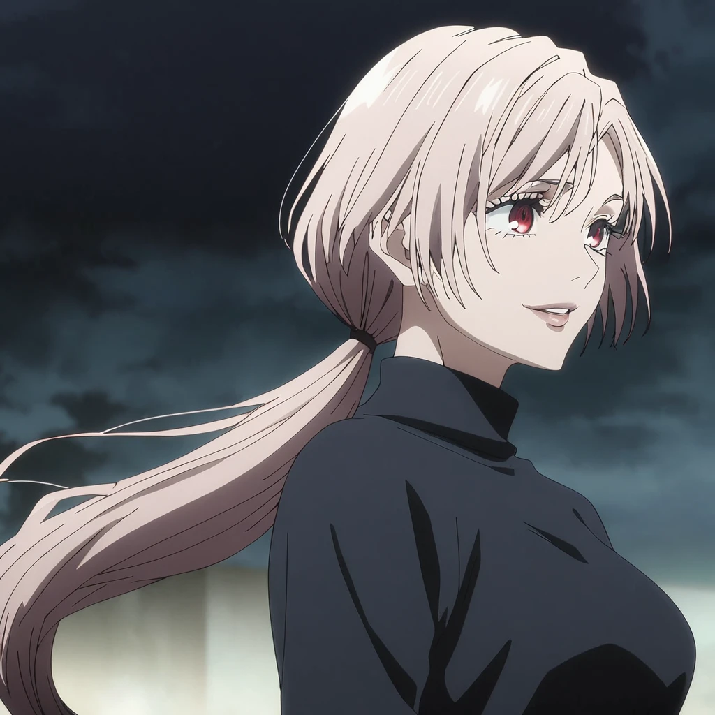 1girl, female gojo satoru, anime screencap from jujutsu kaisen, gojo satoru female version, solo, very long_hair, ((smooth texture hair)) ((red eyes)), ((low ponytail, silver_hair)) night view, breasts, upper_body, smile, bangs, lips ((low ponytail)) wearing black color sweater, breast, "very detailed and high resolution" (red eyes)  ((smooth texture hair)) ((solo)) ((high resolution)) ((upper body)) (Good quality) ,  ((silver hair colour))