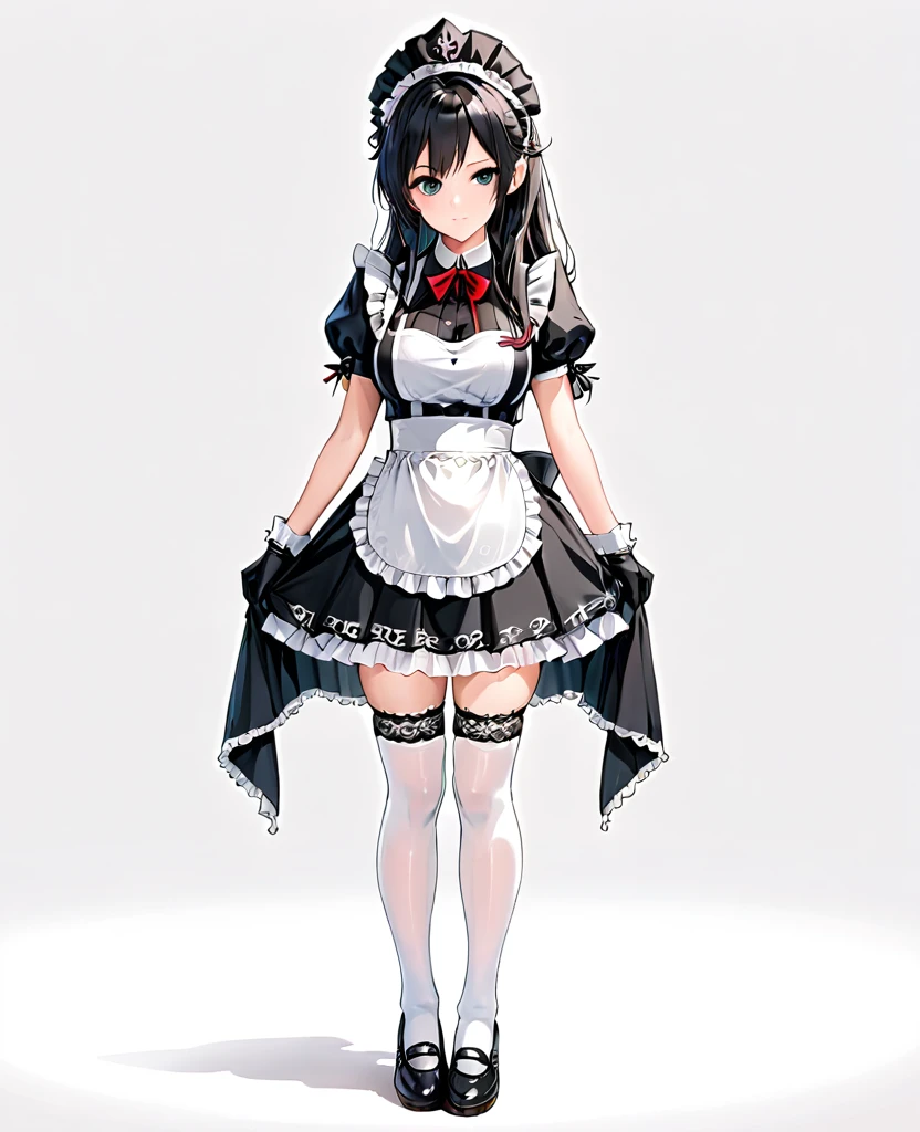 (1girl), (full body:1.2), (white background:1.15), ((standing)), solo, looking at viewer, tachi-e, (maid), cropped top, (own hands clasped), navel, midriff, headdress, white apron, white frill, white gloves, (elbow gloves), opera gloves, white knee socks, white stocking, thigh high socks, boutie, loafer, lace trim, lace, (miniskirt:1.15), (black skirt), black puffy short sleeve, slim waist, (large breasts), 18 years old, teenager, (long hair), black hair, straight hair, (thin thigh), skinny, detailed eyes, sharp face, attractive, kindness, ornate, gorgeous, luxurious