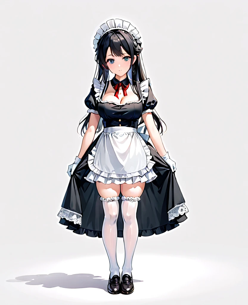 1girl,pov,black hair,light blue eyes,rolling eyes,blackdress,pov,Embarrassed,big breast,maidapron,(White mob cap),puffy_sleeves,maid_apron, belt,thighhighs,masterpiece, best quality, very aesthetic, absurdres,(dress lift:1.5),(straight-on),(Frilled Panties)
