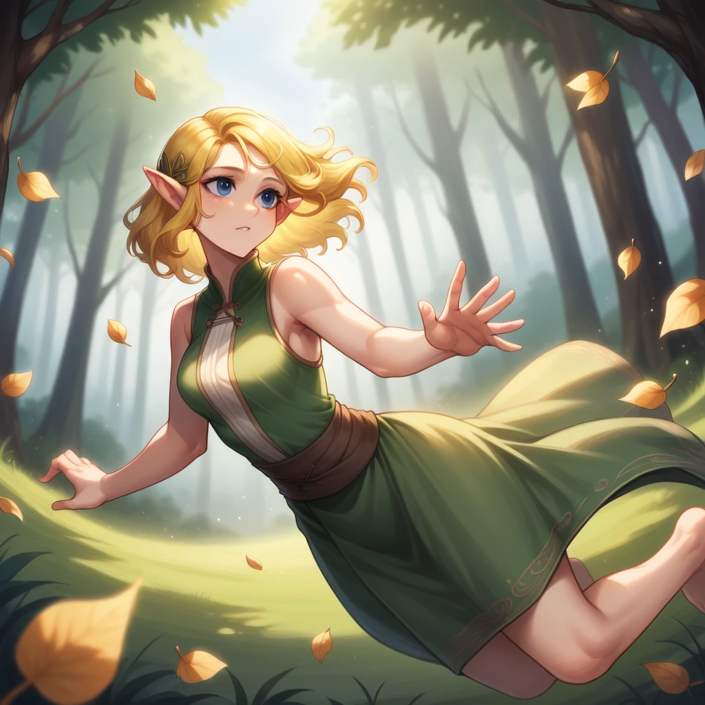Tauriel, the elf from The Hobbit movie, best quality, ultra-detailed CG unity 8k wallpaper, floating, high resolution, dynamic pose, beautiful face, (blue eyes:1.2, yellow hair:1.3, green clothes), depth of field, white forest, golden leaves, magic light)