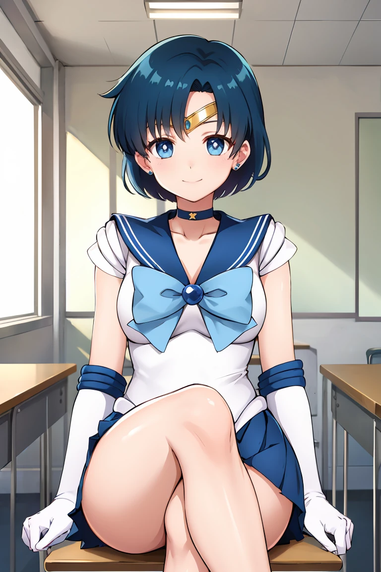 masterpiece, Highest quality, High resolution, Mercury 1, One girl, alone, Sailor Warrior Uniforms, Sailor Mercury, Which is Mizuno, Blue Hair, Magical girl, blue eyes, Blue Skirt, Elbow hand pockets, tiara, Pleated skirt, Hair Ribbon, Blue sailor collar, mini skirt, choker, Blue choker, White gloves, Short Hair, jewelry, Earrings, Sitting, Crossing your legs,The background is a school classroom,smile、