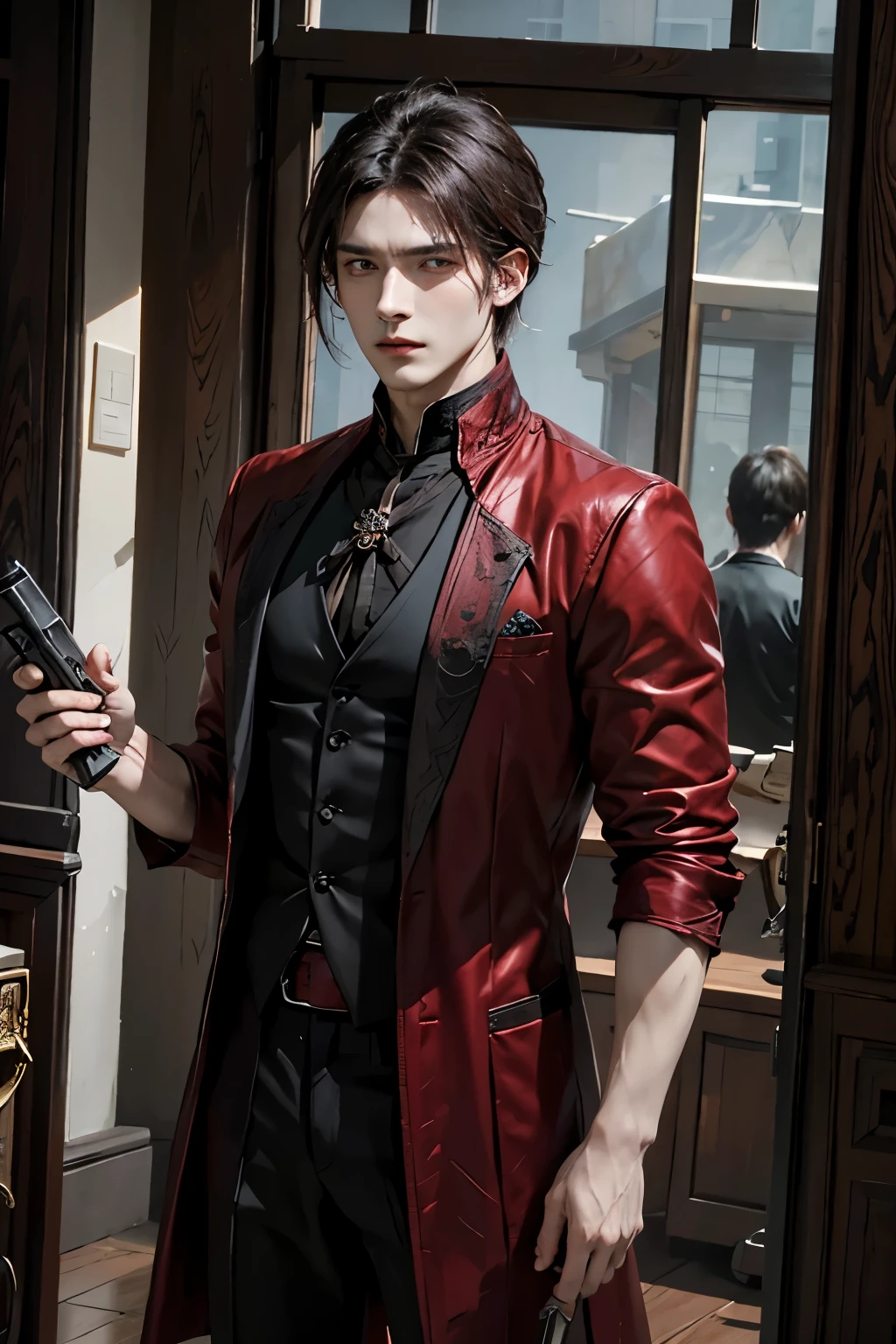 One individual, his attire stained with crimson hues of fresh blood, meticulously held a revolver. His countenance remained unfazed and composed, mirroring an unusual calmness amidst the chaos.