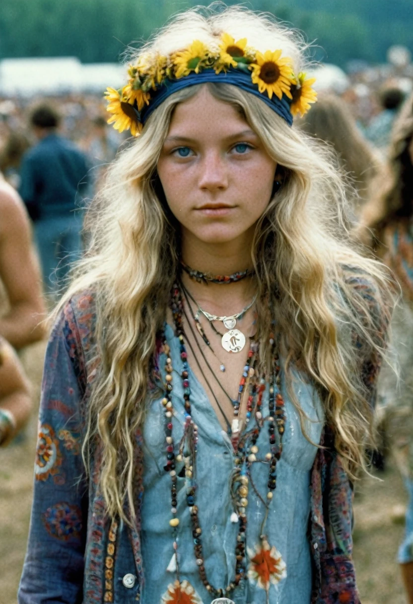 Imagine a beautiful 18 years old american hippie girl at the Woodstock concert in 1969, long wavy messy blonde hair with a hippe head band , blue-grey eyes, ultra realistic eyes, white skin, natural makeup, wearing hippie clothes, a summer dress, a worn jeans hippie jacket, pyschedelic jewelry, hippie earings, hippe necklace, ultra detailed face, ultra realistic skin, runner's body, small perky breasts, 8K, ultra high res.photorealistic, UHD close-up shot, lookingt at viewer, hovering gaze, stoned face, relaxed, (peace and love, woodstock 1969 vibes, outdoor rock concert in the background:1.3), RAW photo, sharp