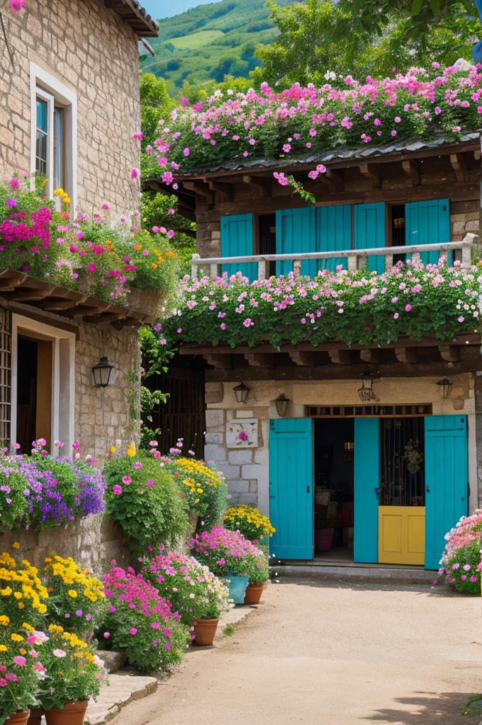 A village, Blooming and vibrant, with flowers in full bloom and a bright, floral color scheme.