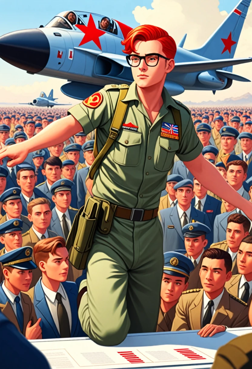 display propaganda, depicting a 20-year-old man with red hair wearing glasses. He wears a general’s uniform and looks straight ahead with a proud look. He is represented very large in the center of the poster and he raises his arm in front of him. Last one, several modern fighter planes fly leaving a white drag. At the feet of the man, a crowd of happy people looks at the man with admiration. At the bottom of the poster is a flag with three colors: Yellow White and Red. At the bottom of the poster there is written in red letters "Follow the supreme leader!" [Propaganda poster]