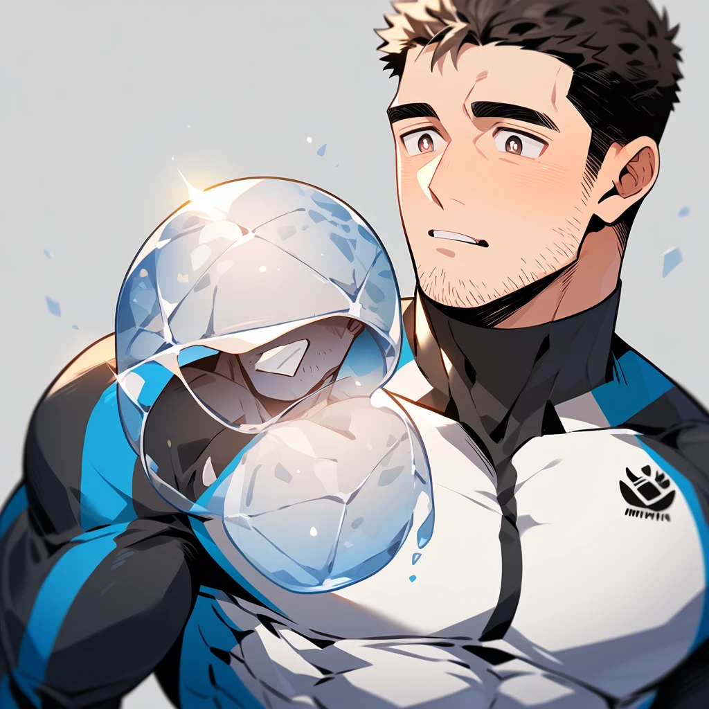 anime characters:Chris Redfield, Muscle Sports Student, Buzz Cut, Manliness, male focus, Dark black high collar long sleeve tight T-shirt, Slightly transparent material, Very tight, Round, full and perky chest muscles, muscular male, muscular, only, Upper body, alone, Black short hair, Thick eyebrows, stubble, Brown-red pupils, Grey background, simple background, amazing quality, best aesthetics, Ridiculous, crew cut, parted lips, flustered, endured face, best quality