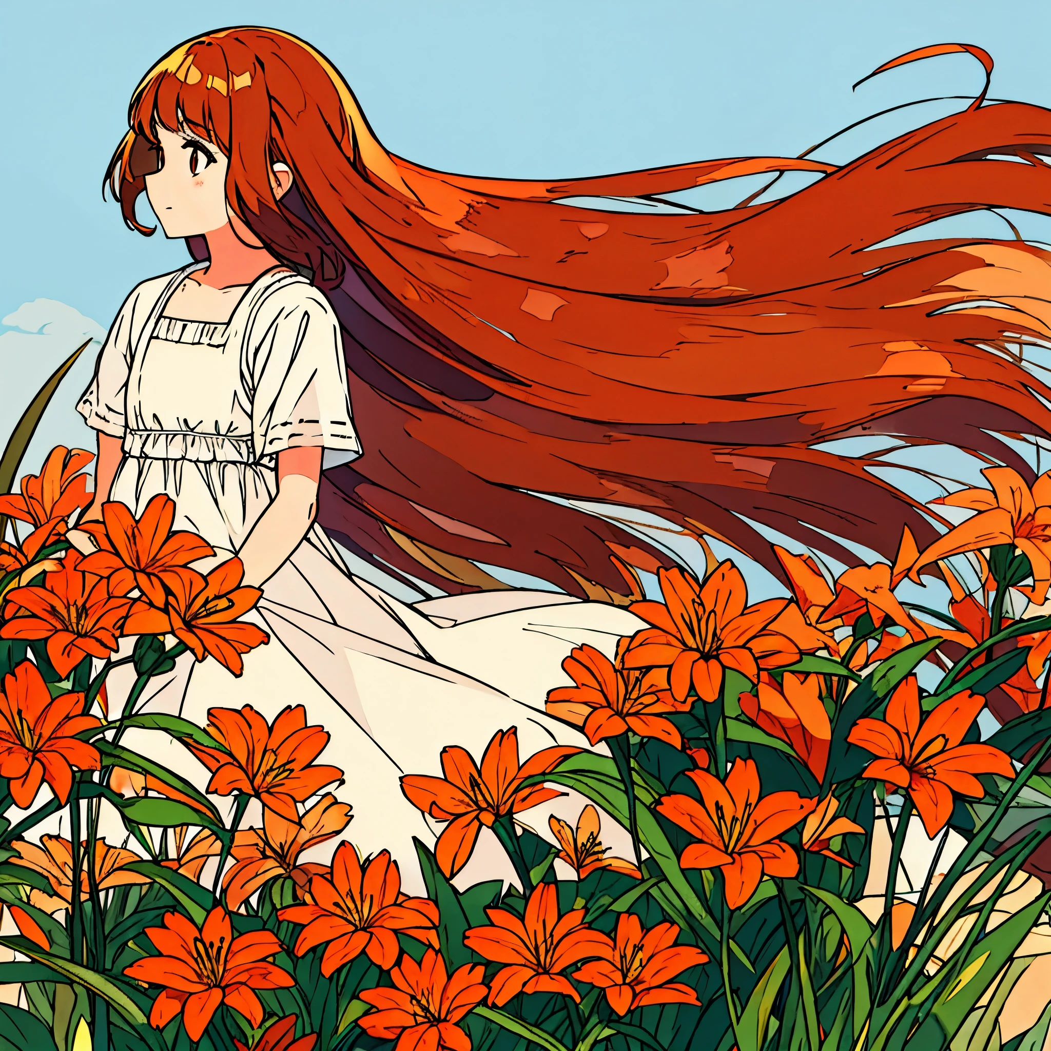 Orange plain background, lily flower, girl in white dress, brown hair, summer, nostalgic, simple