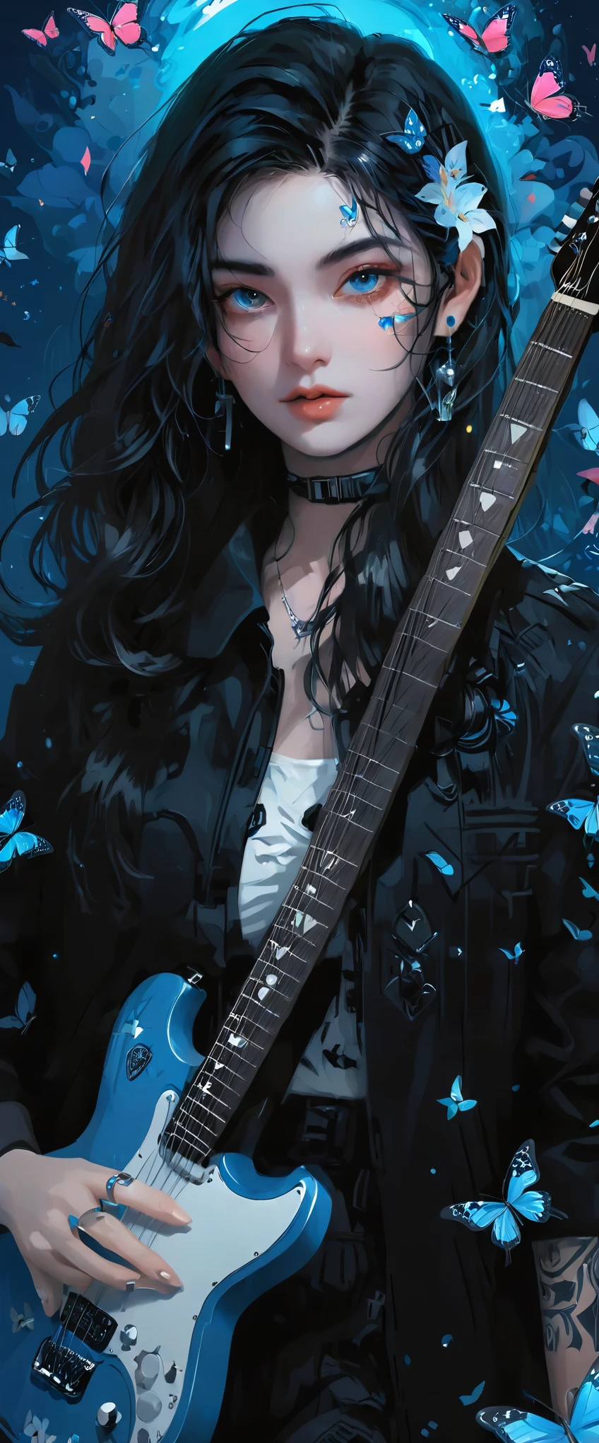 a woman with a guitar in her hand and a background of flowers and butterflies and stars is depicted in this artistic illustration of a woman with a guitar in her hand and a black background of a blue and a blue background,with a,and a,Alice Prin,dark background,cyberpunk art,synchromism,
