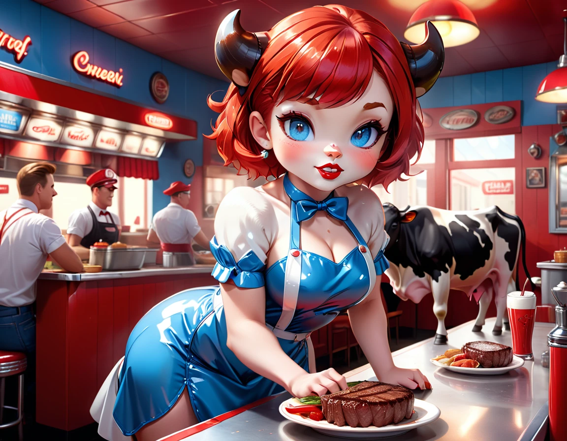 a 3D digital painting picture of extremely beautiful  (anthropomorphic cpw:1.3) serving a big sirloin steak in American diner, an exquisite beautiful female (cow anthropomorphic:1.3), full body, ultra feminine ultra detailed face, red hair, short hair, little fury, red lips, blue eyes, wearing sexy white seductive latex dress, looking at a American  kitchen background,  dynamic angle, , award winning, best quality, high quality, high details, highres, vibrant, Ultra-high resolution, High Contrast, (masterpiece:1.5), highest quality, Best aesthetics, best details, best quality, highres, ultra wide angle, 16k, [ultra detailed], masterpiece, best quality,  photorealistic, 3D rendering, furry