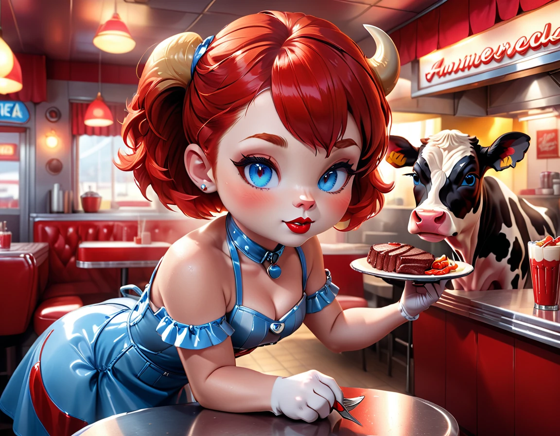 a 3D digital painting picture of extremely beautiful  (anthropomorphic cpw:1.3) serving a big sirloin steak in American diner, an exquisite beautiful female (cow anthropomorphic:1.3), full body, ultra feminine ultra detailed face, red hair, short hair, little fury, red lips, blue eyes, wearing sexy white seductive latex dress, looking at a American  kitchen background,  dynamic angle, , award winning, best quality, high quality, high details, highres, vibrant, Ultra-high resolution, High Contrast, (masterpiece:1.5), highest quality, Best aesthetics, best details, best quality, highres, ultra wide angle, 16k, [ultra detailed], masterpiece, best quality,  photorealistic, 3D rendering, furry