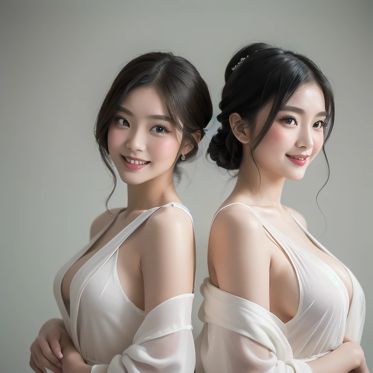 Medium shot, simple plain background, 2 girls, a medium shot of 2 buxom geisha, wearing low cut sheer robe, sleeveless, seductive smile