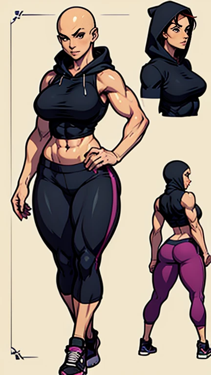 digital art, highly detailed, reference sheet in multiple angles, sexy pose, feminine features, mature woman, adult female, muscular figure, abs, strong biceps, strong thighs, whole body, bald, form-fitting, tank-top, hoodie, yoga pants, shoes, 1woman, solo, upper body, lower body, ((Extremely Detailed)), ((Best Quality)), ((Masterpiece)), ((4k)).
