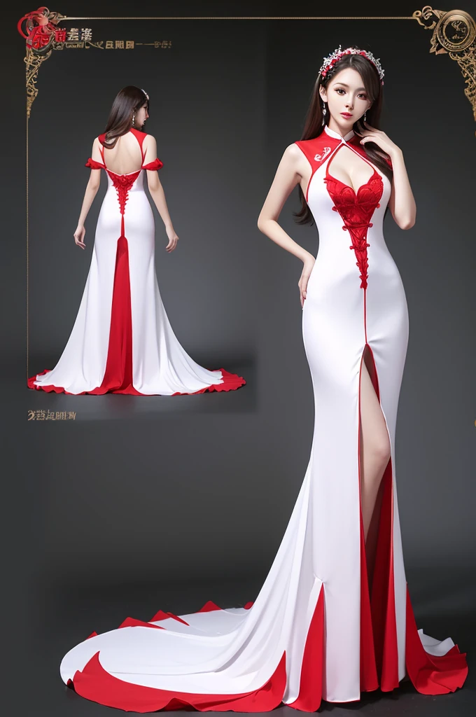 3DCG style。Dress front sample。The costume is floating。White background。Red long dress。Beautiful slit。Elegant and graceful。